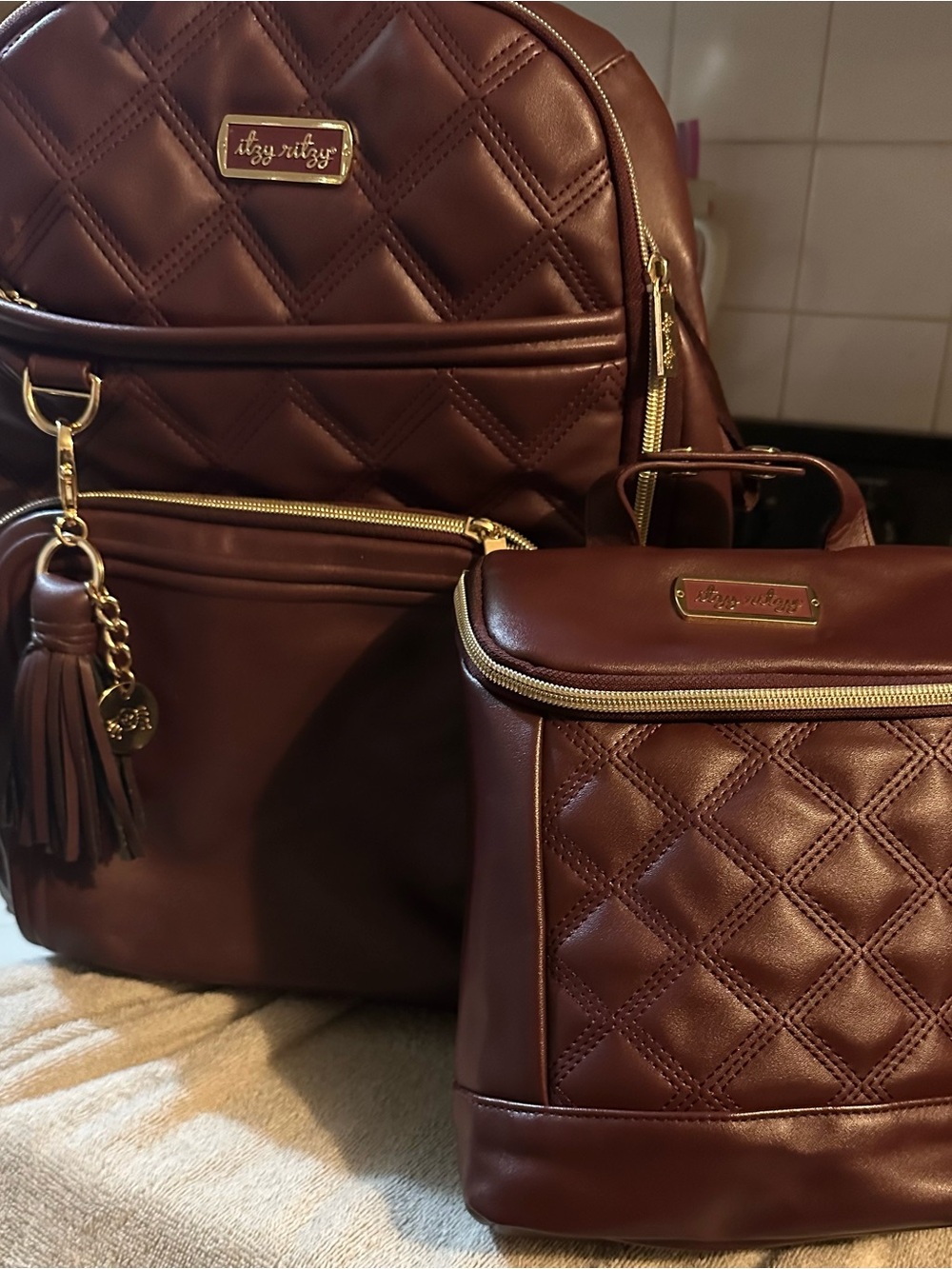 Itzy Ritzy Burgundy Backpack with bottle bag  Hardware Boss Plus Large Diaperbag